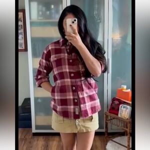 Plaid fleece shirt pink purple petite size small